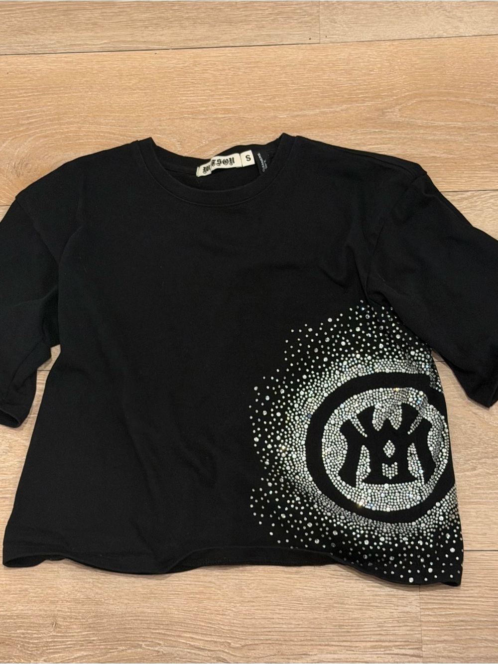 Black Short-Sleeve Tee with Silver Rhinestone Graphic